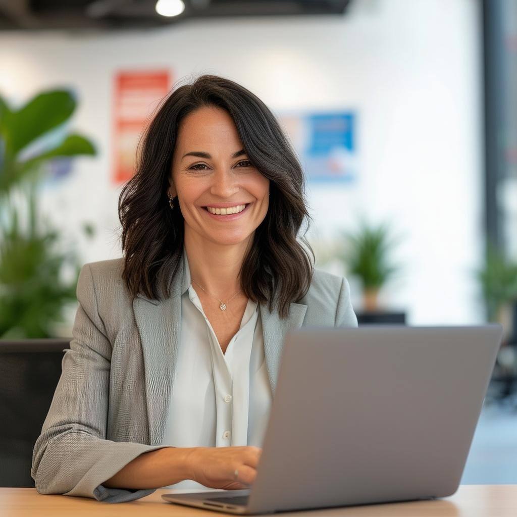 A confident and approachable woman in her mid30s, wearing a smart casual outfit with a blazer over a blouse