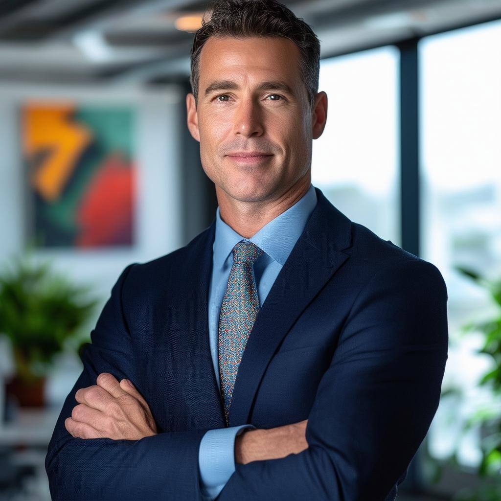 A professionallooking man in his early 40s, wearing a tailored navy suit with a light blue dress shirt and a patterned tie