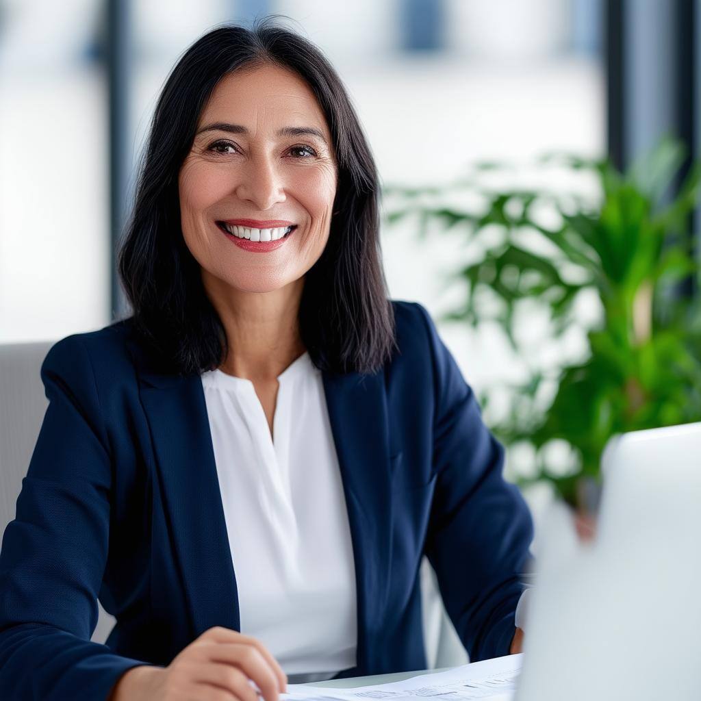 A smiling professional in a modern office setting, showcasing a warm and approachable demeanor