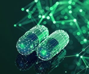 Pills with overlay depicting artificial intelligence in medicine 