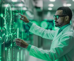 Researcher or doctor in lab coat observing data 